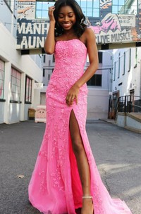 Lace Sleeveless Mermaid Strapless Sweetheart Sweep Train Prom Dress With Appliques