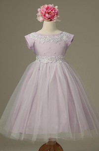 Tea-Length Cap-Sleeve Appliqued Tulle&Lace Flower Girl Dress