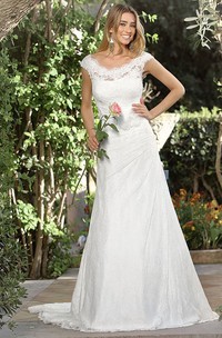 Sheath V-Neck Cap-Sleeve Lace Wedding Dress With Side Draping