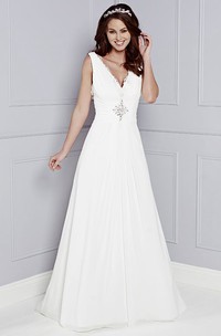 A-Line Long Sleeveless V-Neck Jeweled Chiffon Wedding Dress With Ruching And Appliques
