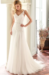 A-Line Sleeveless Floor-Length Appliqued V-Neck Lace Wedding Dress With Deep-V Back And Waist Jewellery