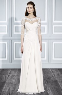 Sheath Appliqued Half-Sleeve Scoop-Neck Chiffon Wedding Dress With Criss Cross And Illusion