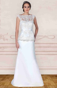 Maxi Bateau-Neck Appliqued Cap-Sleeve Satin Wedding Dress