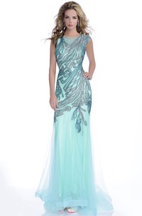 Sequined Bodice Cap Sleeve Tulle Mermaid Prom Dress With Bateau Neck