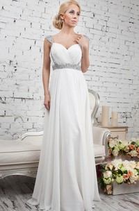Sheath Cap-Sleeve Floor-Length Beaded Chiffon Wedding Dress With Ruching