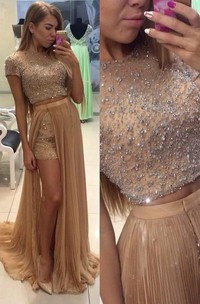 Stunning Two Pieces Prom Dresses Beadings Short Sleeve Split Party Gowns