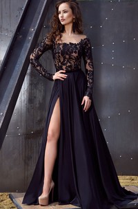 Sexy A Line Lace and Satin Square Sweep Train Evening Dress with Appliques