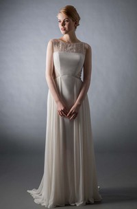 Sheath Scoop Cap-Sleeve Beaded Floor-Length Satin&Chiffon Wedding Dress With Illusion Back And Sweep Train