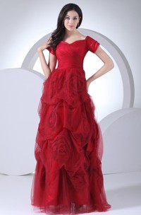 Short-Sleeve A-Line Tulle Prom Gown with Ruffles and Flower