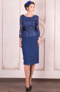 Pencil Knee-Length Appliqued Long Sleeve Scoop Neck Lace Mother Of The Bride Dress