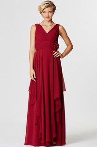Maxi V-Neck Ruched Sleeveless Chiffon Bridesmaid Dress With Draping And Flower