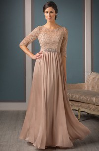 Half-Sleeved A-Line Long Mother Of The Bride Dress With Pleats And Beadings