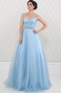 A-Line Sweetheart Criss-Cross Sleeveless Floor-Length Tulle Prom Dress With Waist Jewellery