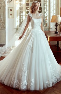 Jewel-Neck Cap-Sleeve A-Line Gown With Lace Appliques And Open Back