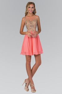 A-Line Short Scoop-Neck Sleeveless Chiffon Illusion Dress With Beading And Pleats
