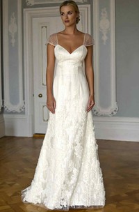 A-Line Cap-Sleeve Floor-Length V-Neck Appliqued Satin Wedding Dress With Beading