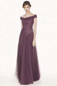Unique Off Shoulder A-Line Tulle Long Prom Dress With Criss Cross Top And Crystal