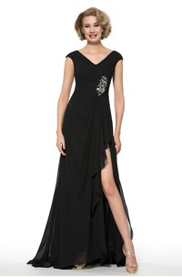 Simple Chiffon V-Neck Cap Sleeve Long Dress with Front Split and Beading