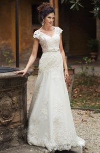 V-Neck Appliqued Maxi Cap-Sleeve Lace Wedding Dress With Sash
