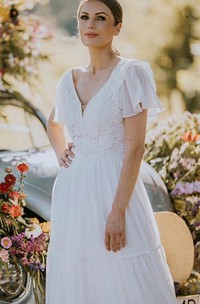 Casual V-neck Lace Short Sleeve Floor-length A Line Wedding Dress with Ruffles