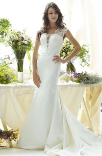 Sheath V-Neck Cap-Sleeve Taffeta Wedding Dress With Illusion