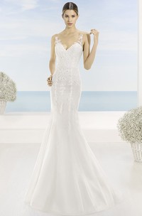 Sheath Sleeveless Floor-Length V-Neck Appliqued Lace Wedding Dress With Sweep Train And Deep-V Back