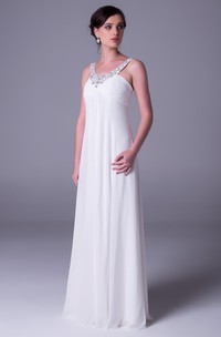 Sheath Empire Sleeveless Beaded Floor-Length Scoop-Neck Chiffon Wedding Dress With Ruching