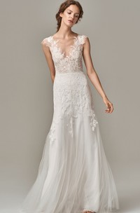 Elegant Sheath V-neck Lace Tulle Floor-length Sleeveless Wedding Dress with Deep-V Back 