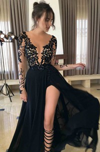 Illusion Sleeve Deep V Neck A-line Chiffon Gown With Slip Front