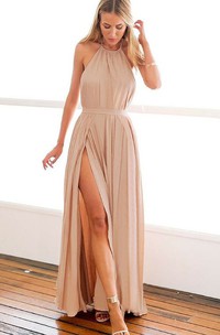 Halter Chiffon Sleeveless Ankle-length A Line Prom Dress with Split Front