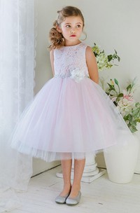 Tea-Length Floral Tiered Tulle&Lace Flower Girl Dress
