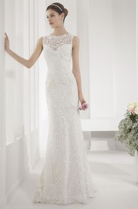 Allover Lace Illusion Neck Sheath Wedding Gown With Back Keyhole