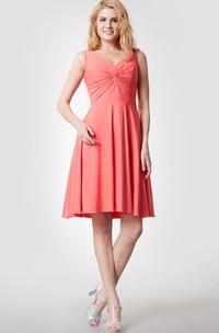 Sleeveless V Neck Ruched Jersey Dress With Knotted Bust