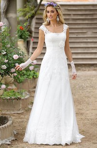 A-Line Floor-Length Cap-Sleeve Square-Neck Lace Wedding Dress With Appliques And Illusion