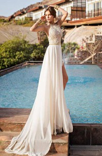 High Neck Sleeveless Lace Wedding Dress With Chiffon Skirt