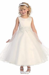 Floral Tea-Length Tiered Bell-Sleeve Tulle&Lace Flower Girl Dress