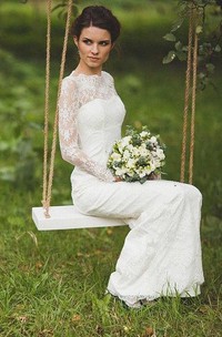 Scalloped Illusion Sleeve Keyhole Back Sheath Long Lace Wedding Dress