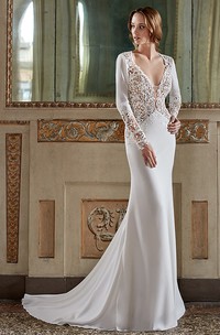 Sheath Floor-Length Jeweled V-Neck Long-Sleeve Chiffon Wedding Dress With Lace And Illusion