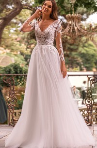 Lace Tulle V-neck A Line Long Sleeve Floor-length Open Back Wedding Dress With Appliques