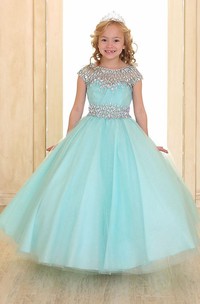 Illusion Floor-Length Pleated Tiered Tulle&Organza Flower Girl Dress With Ribbon