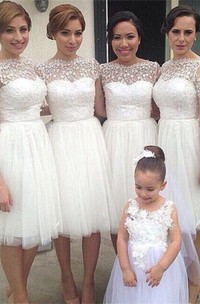 Romantic White Tulle Lace Bridesmaid Dress Short Sleeve
