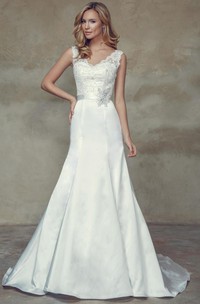 Sheath V-Neck Appliqued Long Sleeveless Satin Wedding Dress With Beading And Deep-V Back
