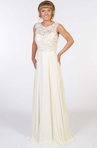 A-Line Sleeveless Appliqued Scoop Floor-Length Chiffon Prom Dress With Illusion Back And Beading
