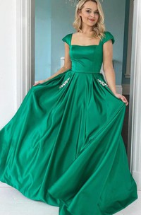 Satin Short Sleeve A Line Square Floor-length Prom Guest Evening Formal Dress
