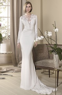 Sheath Long Appliqued High-Neck Long-Sleeve Jersey Wedding Dress With Beading