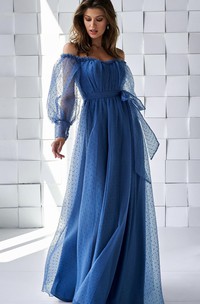 Ethereal A Line Tulle Off-the-shoulder Floor-length Prom Dress with Ruching and Sash