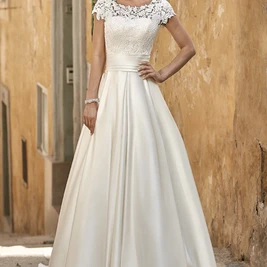 A-Line Maxi Short-Sleeve Square-Neck Lace Satin Wedding Dress - UCenter ...