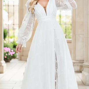 A-Line Elegant Satin V-Neck Tulle Long Sleeve Boho Beach Gown