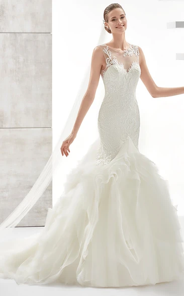 Jewel-Neck Sheath Lace Mermaid Wedding Dress With Illusive Design And Ruffled Train