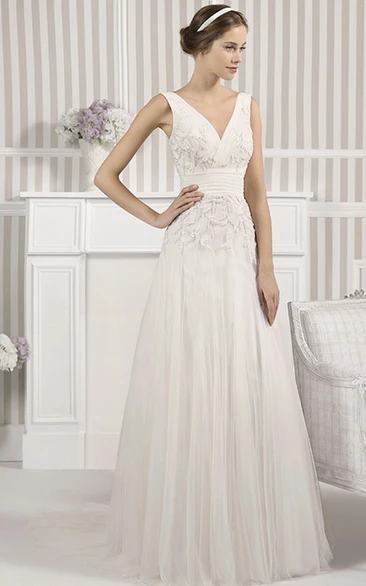A-Line V-Neck Sleeveless Floor-Length Beaded Tulle Wedding Dress With Pleats And Low-V Back